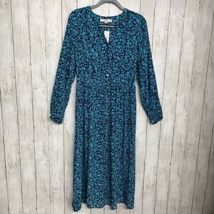 LOFT Blue Long Sleeve Lightweight Floral Button Front Flowy V Neck Shirt Dress 6